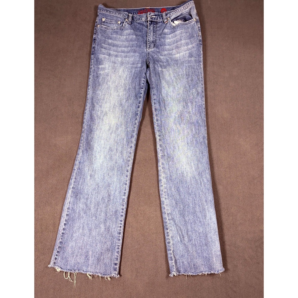 Westside Straight Jeans Womens 10 Blue Whiskered Denim Cotton Stretch Frayed Hem